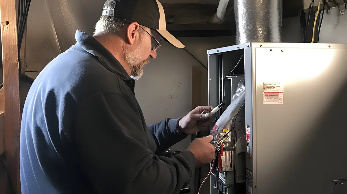 HVAC technician repairing heater, ensuring efficient heating and air quality.